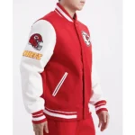 Model showcasing Kansas City Chiefs English Varsity Jacket front