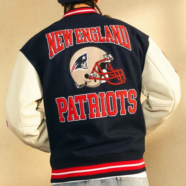 Model wearing OVO New England Patriots Varsity Jacket back