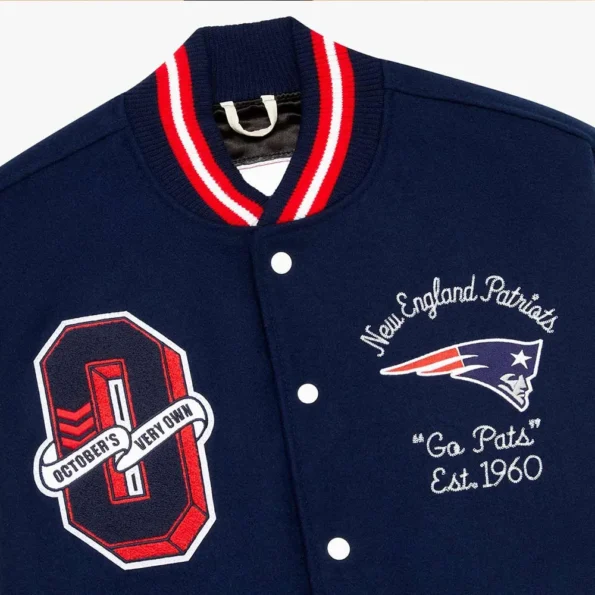 Close-up of OVO New England Patriots Varsity Jacket detail