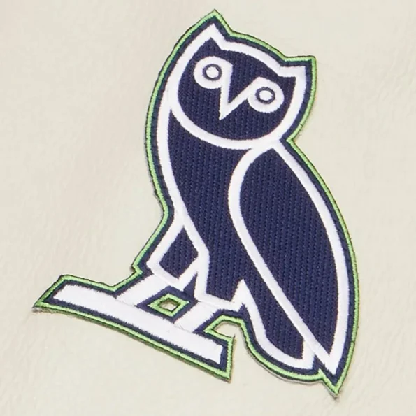 Close-up of OVO Seattle Seahawks Varsity Jacket detailing