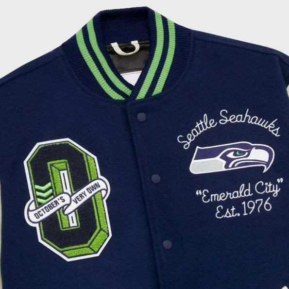 Close-up of OVO Seattle Seahawks Varsity Jacket detailing