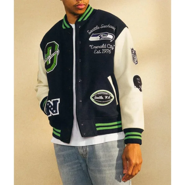 Model wearing OVO Seattle Seahawks Varsity Jacket front view