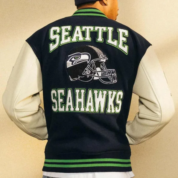 Model wearing OVO Seattle Seahawks Varsity Jacket back view