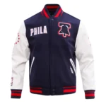 Philadelphia 76ers City of Varsity Jacket front view with logo.