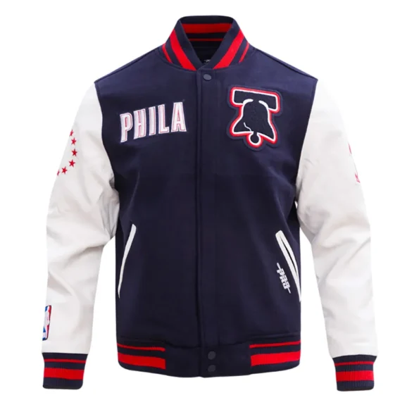 Philadelphia 76ers City of Varsity Jacket front view with logo.