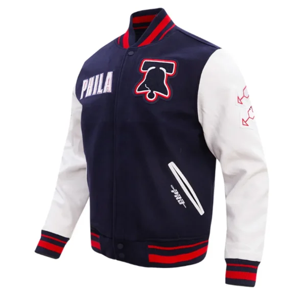 Philadelphia 76ers City of Varsity Jacket side view displaying profile.