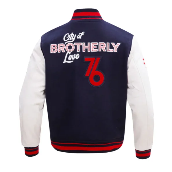 Philadelphia 76ers City of Varsity Jacket back view with bold text.