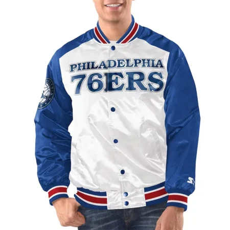 Model front view Philadelphia 76ers Varsity Jacket