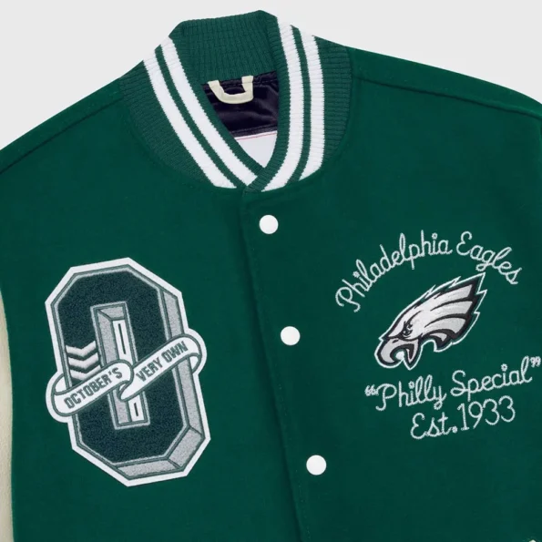 Close-up of OVO Philadelphia Eagles Varsity Jacket detail