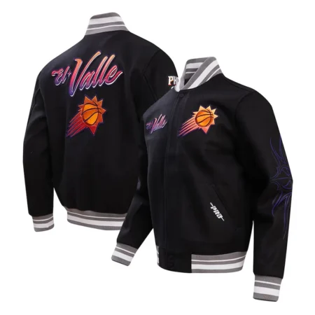 Front and back view of Phoenix Suns 2023/24 City Varsity Jacket.