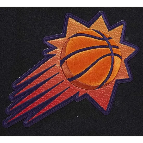 Close-up of Phoenix Suns 2023/24 City Varsity Jacket logo details.