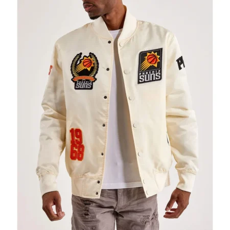 Model front view wearing Phoenix Suns Off White Varsity Jacket