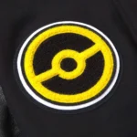 Golden Bear Pikachu Black Varsity Jacket front view.