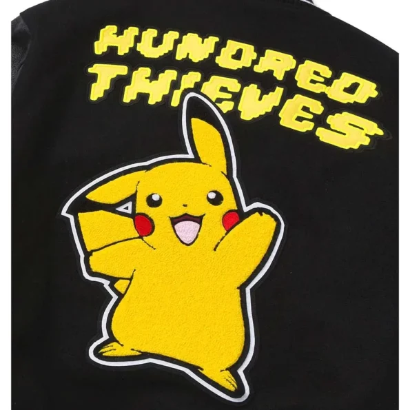 Close-up of Golden Bear Pikachu Black Varsity Jacket.