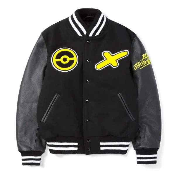 Front view of Golden Bear Pikachu Black Varsity Jacket, bold design.