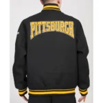 Model front view wearing Pittsburgh Pirates Crest Varsity Jacket.