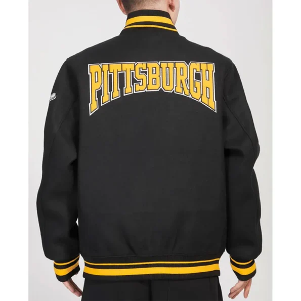 Model wearing Pittsburgh Pirates Crest Varsity Jacket back view.