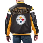 Model front view wearing Pittsburgh Steelers Varsity Jacket.