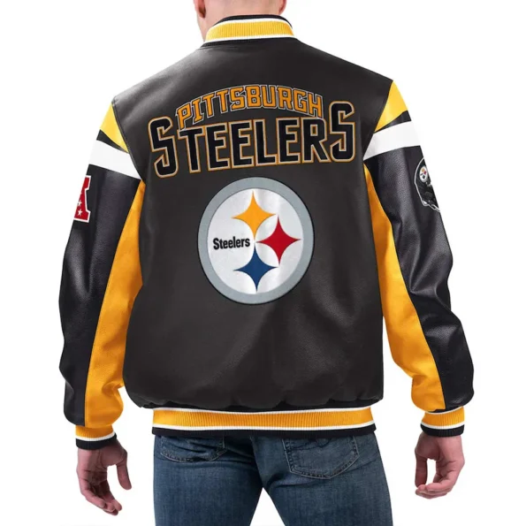 Model wearing Pittsburgh Steelers Black Varsity Jacket back view.