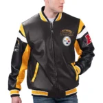 Model wearing Pittsburgh Steelers Black Varsity Jacket front view.