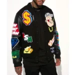 Model wearing Popeye Chasing Cash Varsity Jacket front view.