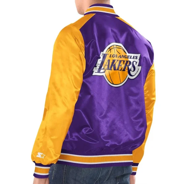 Model wearing Purple/Gold LA Lakers Varsity Jacket back