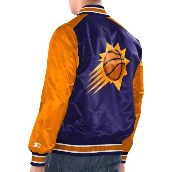 Model wearing Phoenix Sun Renegade Varsity Satin Jacket back view