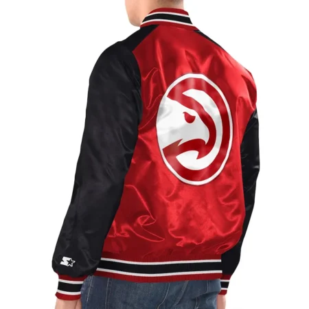 Model wearing Atlanta Hawks Renegade Varsity Jacket back display