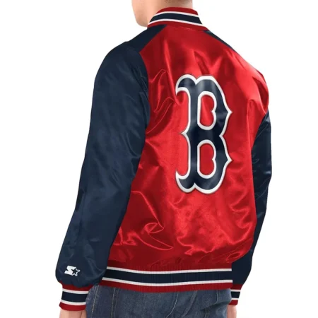 Model wearing Boston Red Sox Renegade Varsity Jacket back view