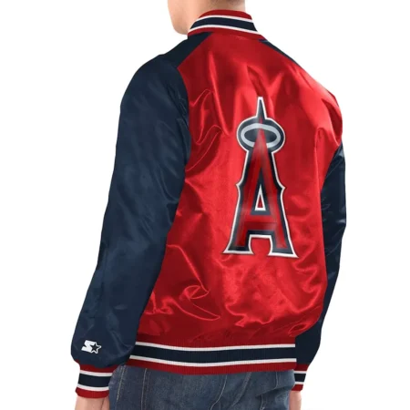 Model shows back LA Angels Renegade Varsity Jacket design