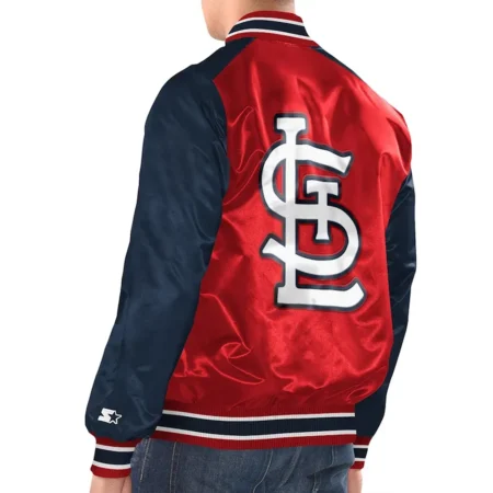 Model wearing Louis Cardinals Renegade Varsity Jacket back display