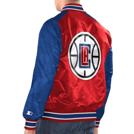 Model wearing Angeles Clippers Renegade Varsity Jacket back view