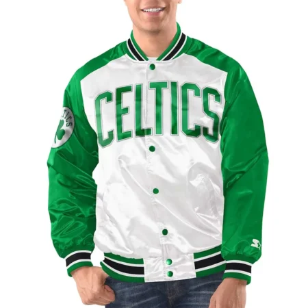 Model front view White/Green Boston Celtics Varsity Jacket iconic style