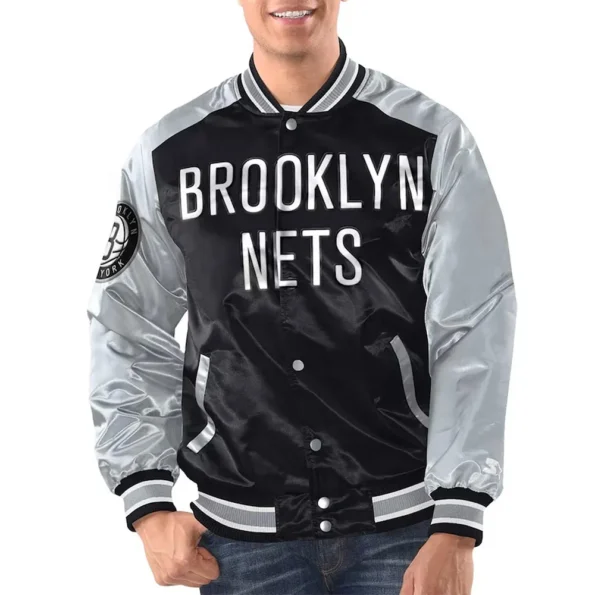 Model front view Brooklyn Nets Renegade Varsity Jacket team pride