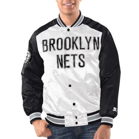 Model front view Black/White Brooklyn Nets Varsity Jacket iconic look