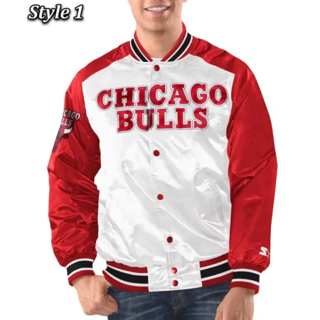 Model wearing Chicago Bulls Renegade Varsity Jacket front