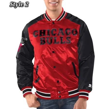 Model wearing Chicago Bulls Renegade Varsity Jacket front