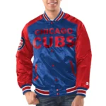 Model wearing front Chicago Cubs Renegade Varsity Jacket