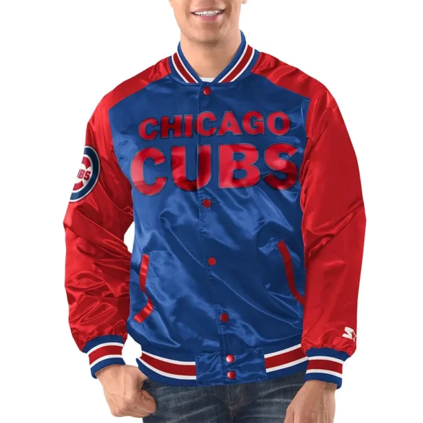 Model wearing Chicago Cubs Renegade Varsity Jacket front view