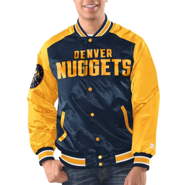 Denver Nuggets Renegade Varsity Jacket front view, blue and yellow