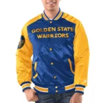 Model wearing Golden State Warrior Varsity Satin Jacket front view