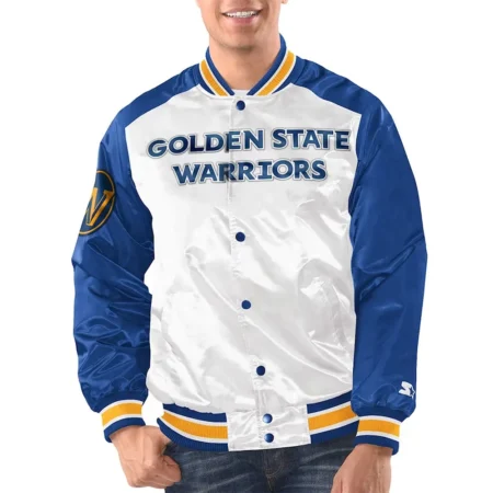 Model wearing White Golden State Warrior Varsity Jacket front view