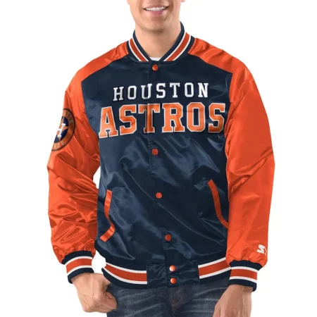 Model front view Houston Astros Renegade Varsity Jacket stylish fit