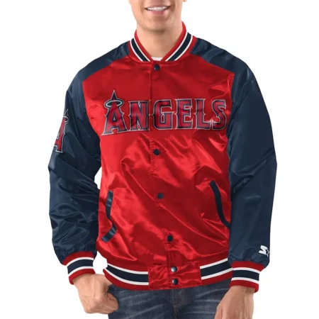 Model wearing front view LA Angels Renegade Varsity Jacket