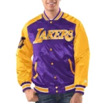 Model in Purple/Gold LA Lakers Varsity Jacket Front