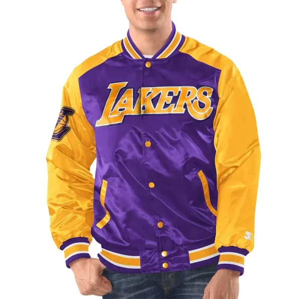 Model wearing Purple/Gold LA Lakers Varsity Jacket front