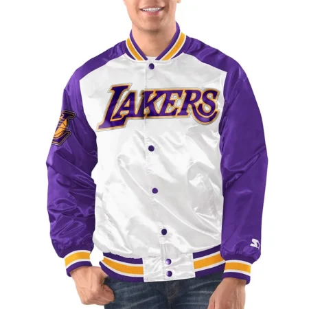 Model wearing LA Lakers Renegade Varsity Jacket front