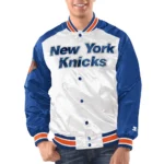 Model wearing New York Knicks Varsity Jacket front view stylish