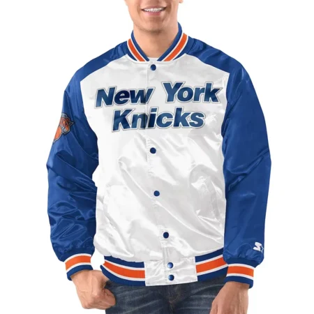 Model front view New York Knicks Renegade Varsity Jacket stylish look