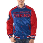 Model wearing Philadelphia 76ers Renegade Varsity Jacket front view